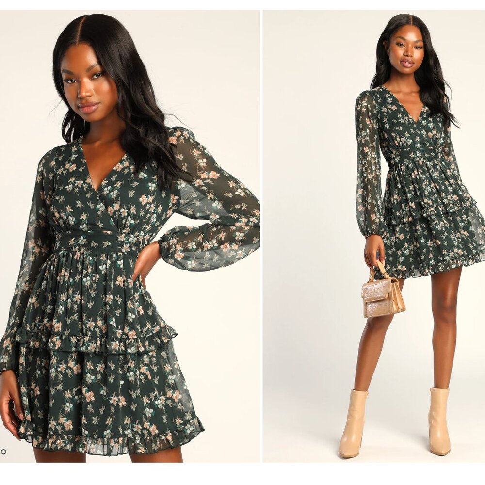 Lulu's - Darling Attitude Dark Green Floral Print Long Sleeve Mini Dress